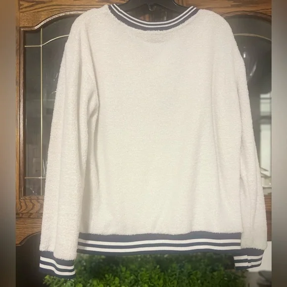 White Cream Sherpa Pullover Sweatshirt Orange Paw Print Varsity Banded Navy Blue - Picture 4 of 6